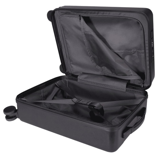 A black wheeled cabin trolley bag with a spacious interior and straps for securing items inside. Features a logo.