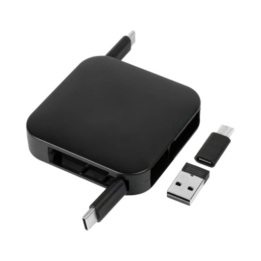 A black retractable fast charge cable and stand with multiple connection types and a USB plug. It features a logo.