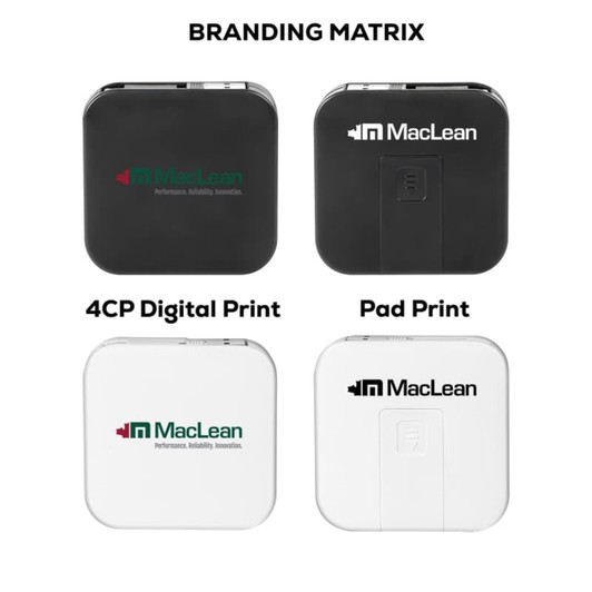 A retractable fast charge cable and stand in black and white, featuring a branding logo on each.