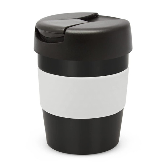 A drink bottle featuring a black body with a white band and a black lid, designed as a vacuum cup.