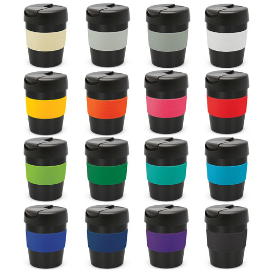 A drink bottle collection featuring various coloured vacuum cups with black lids and a logo on each.