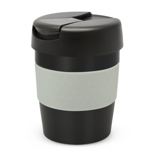 A drink bottle featuring a black and grey design, with a secure lid and a silicone grip. It has a logo on the surface.