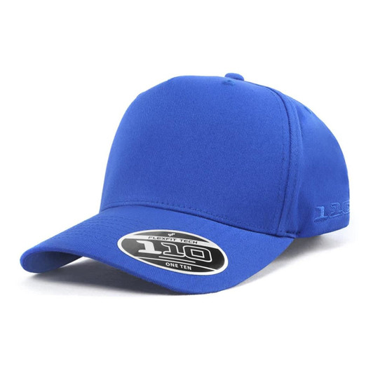 A blue cap with a structured design and a branded tag, featuring a flexible fit.