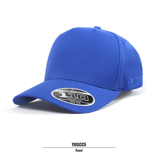 A blue cap from the A FRAME FLEXFIT 110 collection featuring a branded logo on the side.