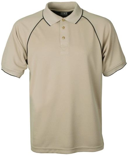 A beige polo shirt featuring a collar, three buttons, and black piping details along the sleeves and collar.