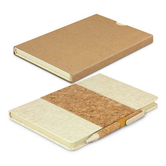 A notebook with a cork and cream cover, accompanied by a matching pen, packaged in a brown cardboard box.