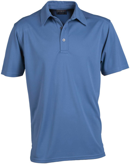 A men's polo shirt in a soft blue colour, featuring a collar and a button placket. It has a logo on the chest.