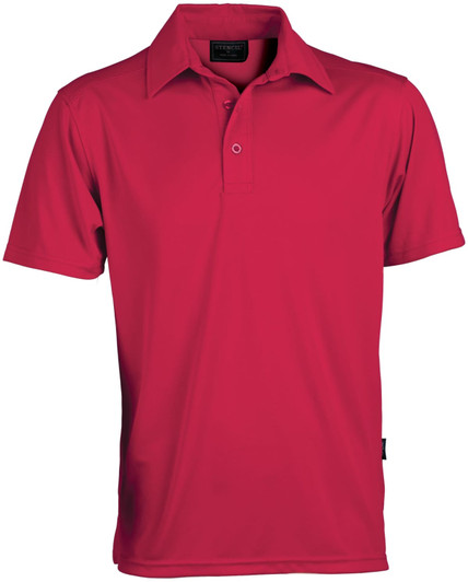 A red polo shirt with a collar, featuring a logo on the chest.