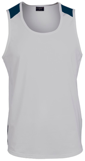 A men's singlet in white with navy accents and a logo on the neckline.