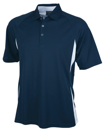 Navy blue polo shirt with white side panels and a collar. Features a logo on the front.