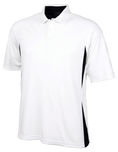 A men's polo shirt in white with black side panels, featuring a collar and short sleeves, with a logo present.