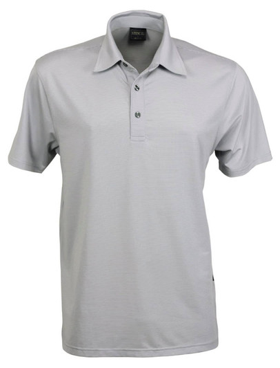 A light grey polo shirt featuring a three-button placket and a logo on the collar.