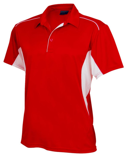 A red polo shirt with white accents and a collar, featuring a logo on the chest.