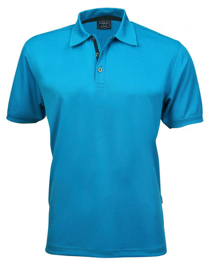 A turquoise polo shirt featuring a collar and a single button placket. It has a logo on the chest.