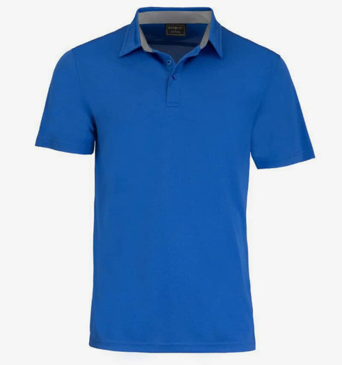A blue polo shirt with a collar and a logo. It features a classic fit and short sleeves.