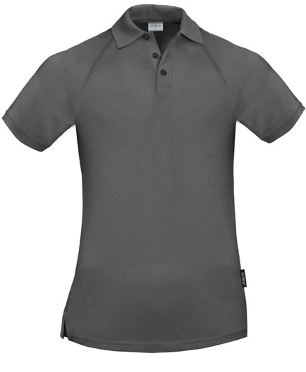 A grey men's polo shirt featuring a classic collar, buttons, and a side split, with a branding label.