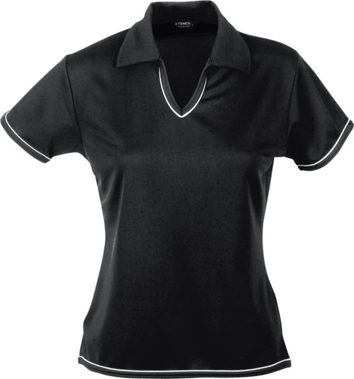 A black ladies' polo shirt with a V-neck and contrasting trim, featuring a logo.