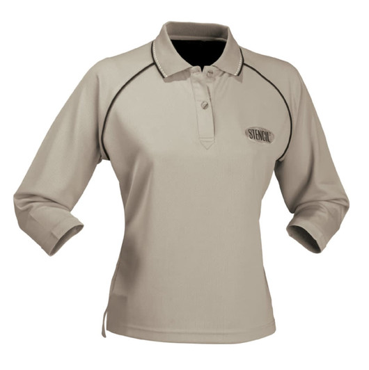 A long sleeve ladies polo shirt in light beige with a collar and a logo on the front.