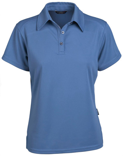 A blue ladies' polo shirt with a collar, short sleeves, and a logo on the chest area.