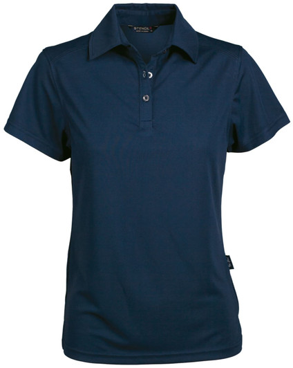 A navy blue ladies' polo shirt with a collar and three-button placket, featuring a logo on the side.