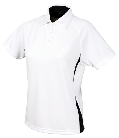 A ladies' polo shirt featuring a white body with black side panels and a collar. It has a logo on the front.