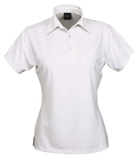 A white polo shirt for ladies with a collared neckline and short sleeves, featuring a logo on the side.