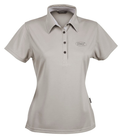 A grey ladies' polo shirt with a collared neckline and a logo on the chest.