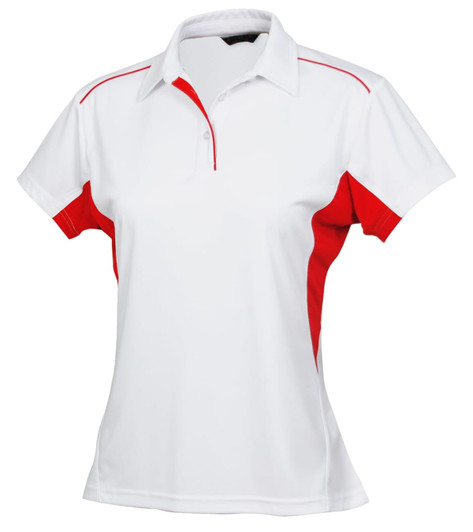 A white polo shirt with red accents, featuring a collar and buttons, and a logo on the chest.