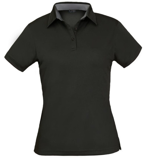 A dark green ladies' polo shirt with a collared neck and button placket, featuring a logo on the chest.