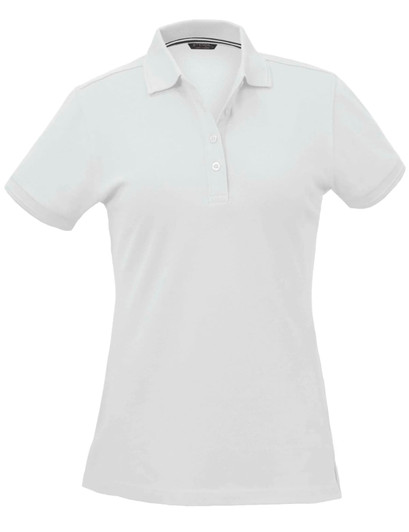 A white ladies' polo shirt with a collar and three buttons, featuring a logo on the chest.