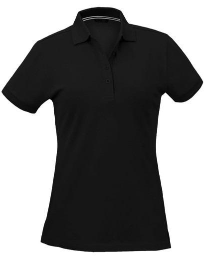 A black polo shirt for ladies featuring a collar and buttons, with a logo on the chest.