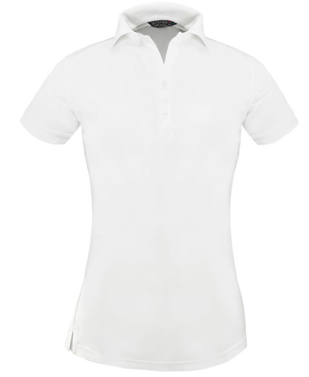 A white ladies' polo shirt with a collar and short sleeves, featuring a logo on the chest.