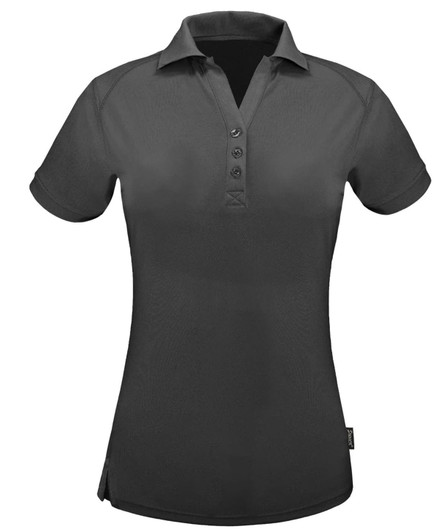 A ladies' polo shirt in dark grey featuring a collar and button placket, with a brand logo on the side.