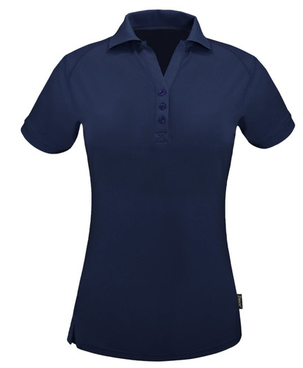 A navy blue ladies' polo shirt with a collar and button placket, featuring short sleeves and a logo.