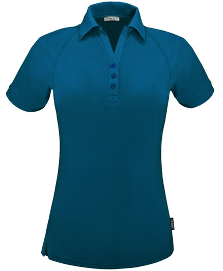 A teal polo shirt with a collar, five buttons, and short sleeves, featuring a branding logo.