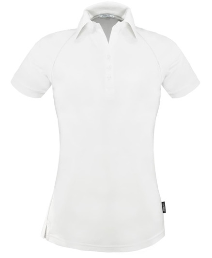 A white polo shirt with a collared neckline and short sleeves, featuring a brand logo on the side.