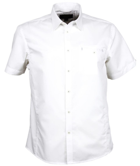 A short-sleeved white button-up shirt with a chest pocket and a logo.