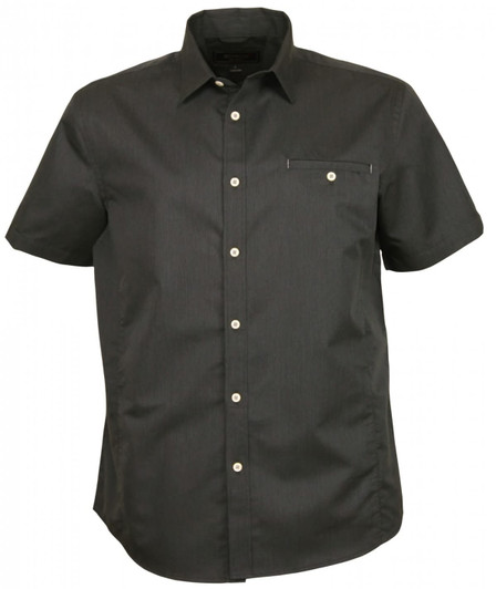 A short-sleeved button-up shirt in charcoal grey with a single chest pocket and a logo.