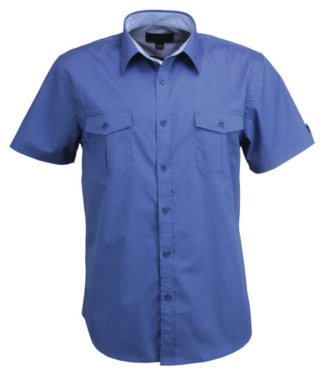 A short-sleeved men's shirt in blue with two chest pockets and a collar, featuring a logo.