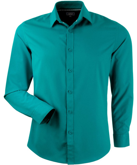 A men's long-sleeve button-up shirt in a vibrant teal colour, featuring a collar and a logo.
