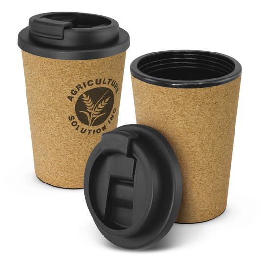 A drink bottle with a cork exterior and black lid, featuring a logo on the side.