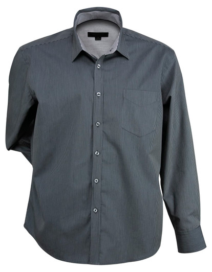 A long-sleeved, button-up men's shirt in grey with a subtle striped pattern and a chest pocket.