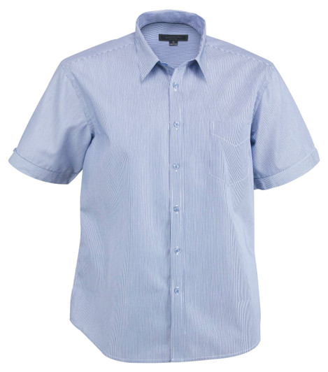 A short-sleeved, button-up men's shirt in light blue with a subtle striped pattern and a chest pocket.