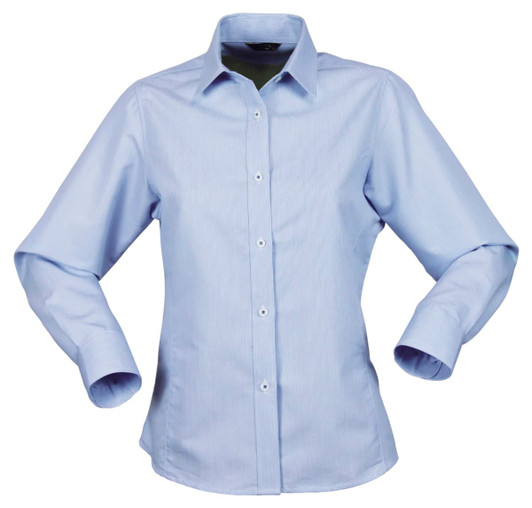 A light blue long-sleeve button-up shirt for ladies with a classic collar and a logo.
