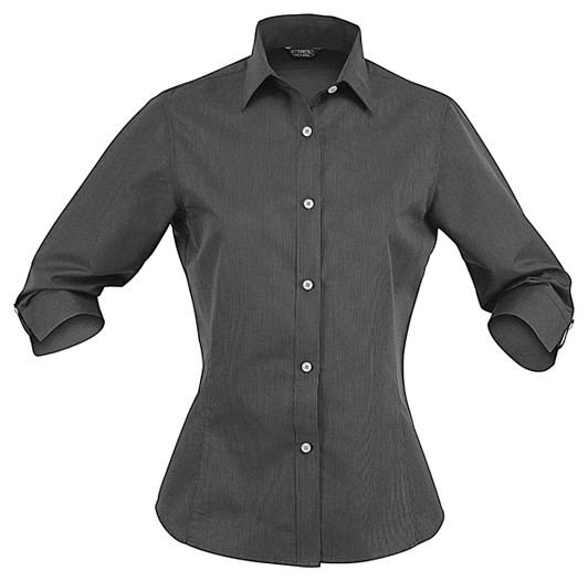 A dark grey button-up shirt with 3/4 sleeves and a fitted design. It features a collar and a logo.