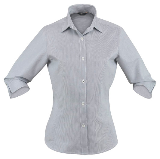 A light grey button-up shirt with 3/4 sleeves and a classic collar, featuring a logo.