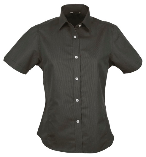 A short-sleeved ladies' button-up shirt in dark green with a fitted design and a collar. Features a logo.