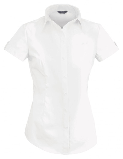 A short-sleeved, white ladies' shirt with a fitted design and a collar, featuring a logo.