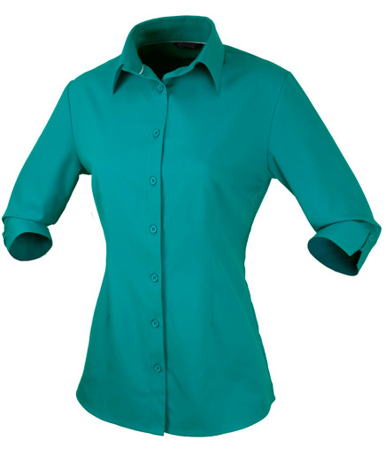A teal button-up shirt with a collar and rolled-up sleeves, featuring a logo.