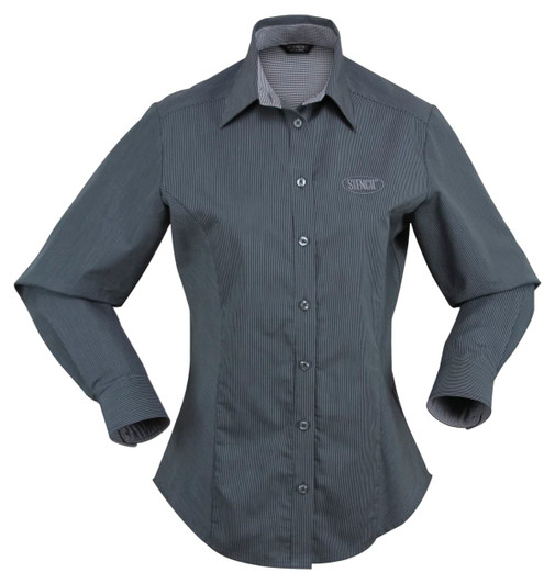 A women's long-sleeve button-up shirt in grey with a fitted design and a branding logo.